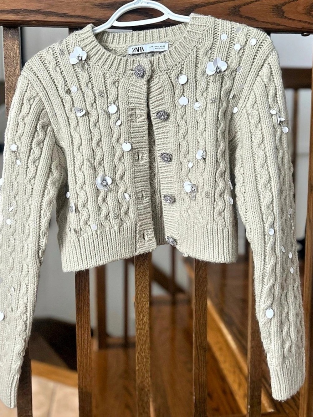 Zara Embellished Cable Knit Cardigan in Beige Size Small